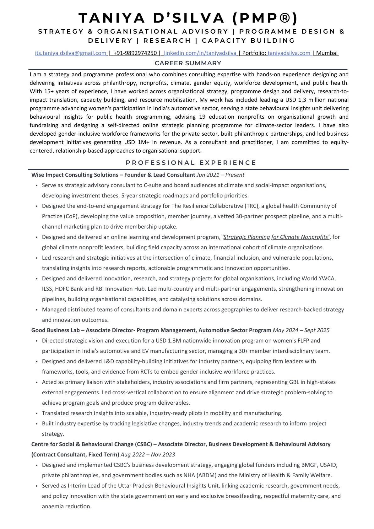 Taniya D'silva Curriculum Vitae Page 1